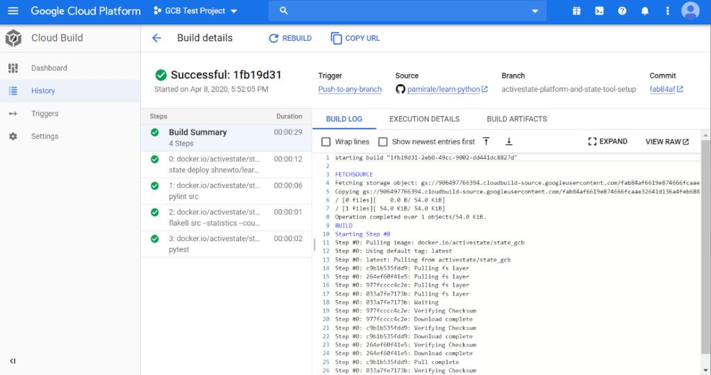 Click on the project name to see the log files and detailed results about the build. Log file